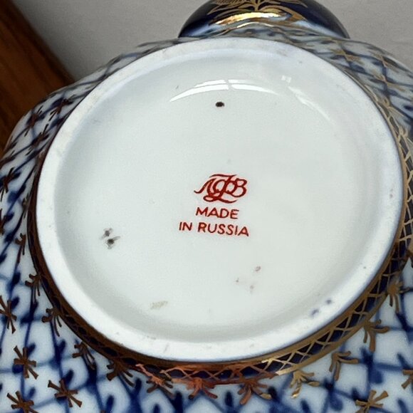 Lomonosov Russian Imperial Porcelain Cobalt Net Mini Teapot 5.25" Tall 2+ Cups - Picture 11 of 15